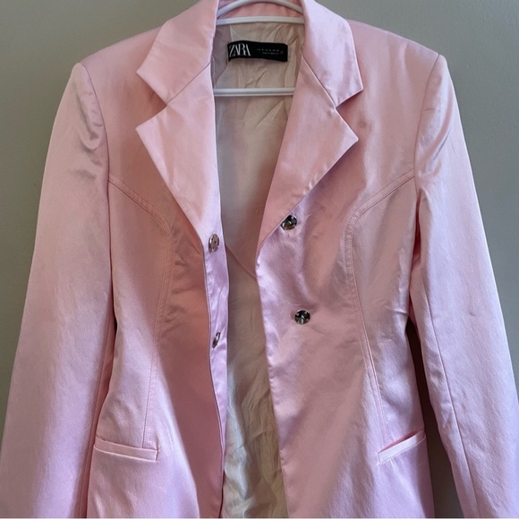 Zara Baby Pink Satin Long Line Blazer – Size XS GUC - Picture 6 of 16